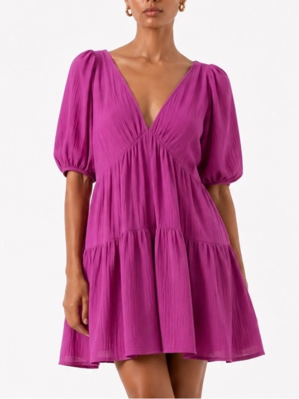 XIRENA NISSA JURK Purple Wine 100% Cotton Puff-Sleeve V-Neck Mini Dress Size S